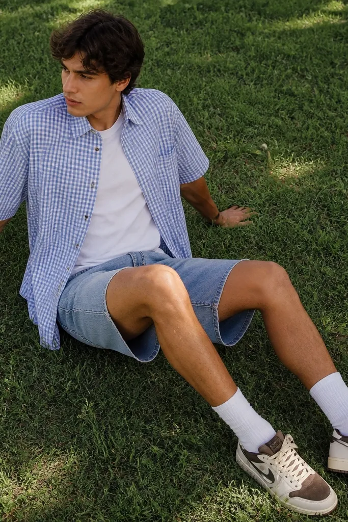A summer outfit: blue gingham short-sleeve button-up worn over a white tee, light denim shorts, and travis scott shoes on grass with socks pulled up slightly.