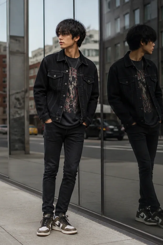 A black denim jacket over a band-style graphic tee, dark wash skinny jeans, and travis scott shoes in a mirror-like street setting with sharp edges visible.