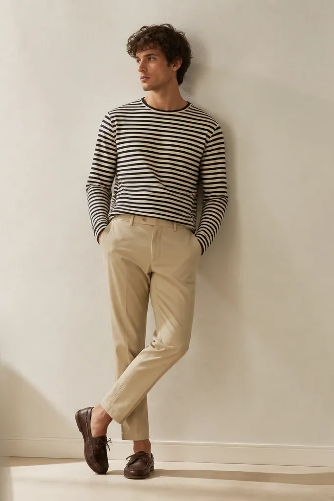 A long-sleeve striped shirt in black and off-white, beige chinos with a tapered leg, and the shoes against a neutral wall with clean contrast.