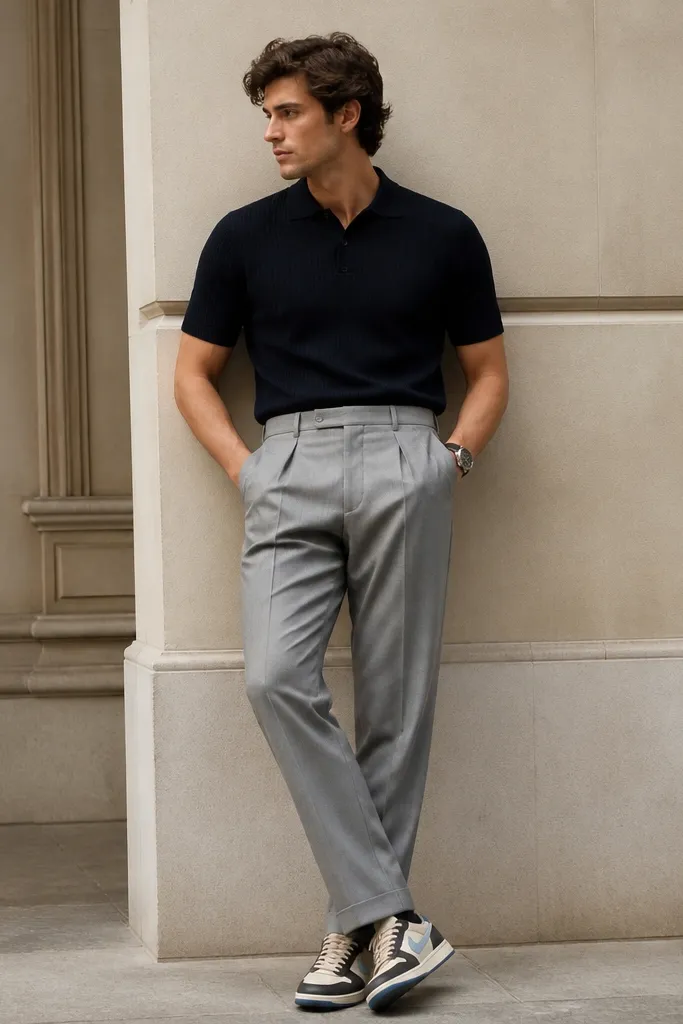 A navy knit polo with a fitted collar, light gray pleated trousers with a crisp fold, and travis scott shoes styled for a semi-dress casual vibe.