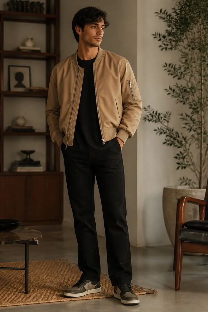 A tan bomber jacket worn over a black tee, black jeans with a straight leg, and travis scott shoes visible with warm lighting.