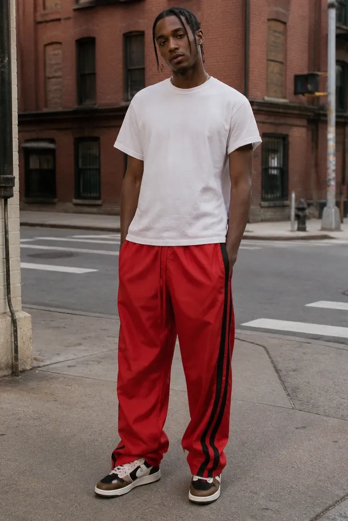 A white short-sleeve tee with a relaxed fit, red track pants with black side stripes, and travis scott shoes on a street corner.