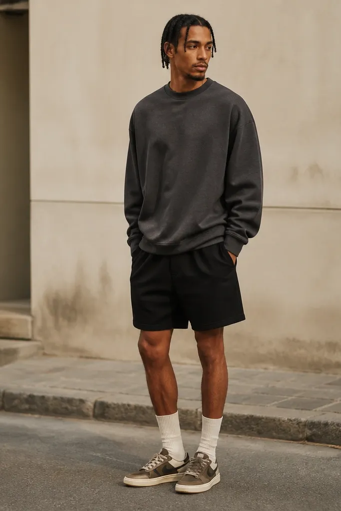 A charcoal crewneck sweatshirt worn with black shorts, long crew socks, and travis scott shoes in a warm-weather street scene.
