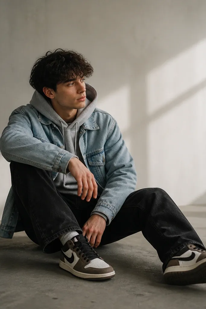 A light wash denim jacket over a gray hoodie, black jeans, and travis scott shoes with a visible worn leather texture.