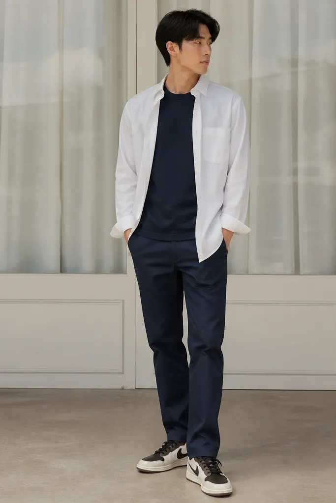 A white button-up worn open over a navy tee, navy chinos, and travis scott shoes with clean ankle break.