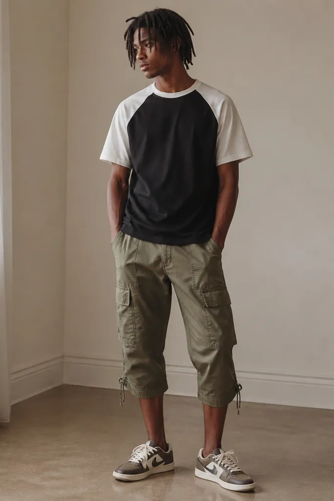A black-and-white varsity-style tee with contrasting sleeves, olive cargo pants cut around capri length, and travis scott shoes.