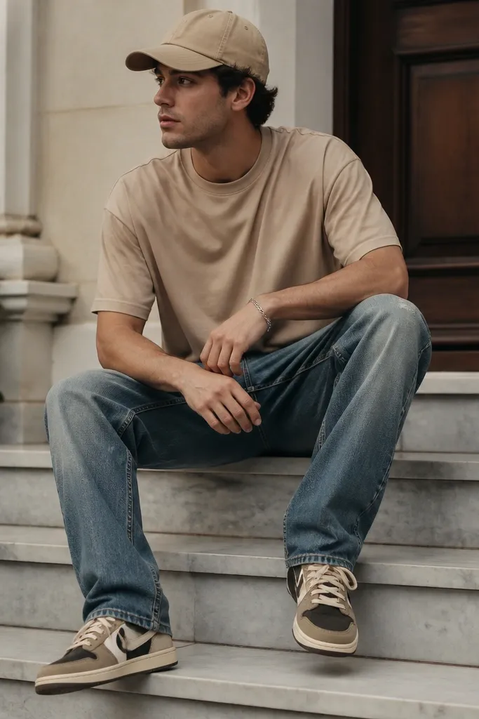 A sand-colored tee, washed indigo jeans with visible wear, a tan baseball cap, and travis scott shoes in a daylight photo.