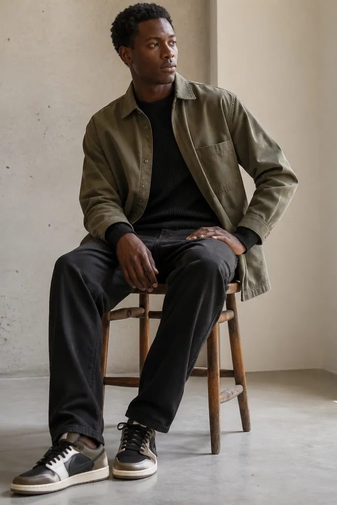 A black thermal long-sleeve with visible rib texture under an olive overshirt, dark pants, and travis scott shoes.