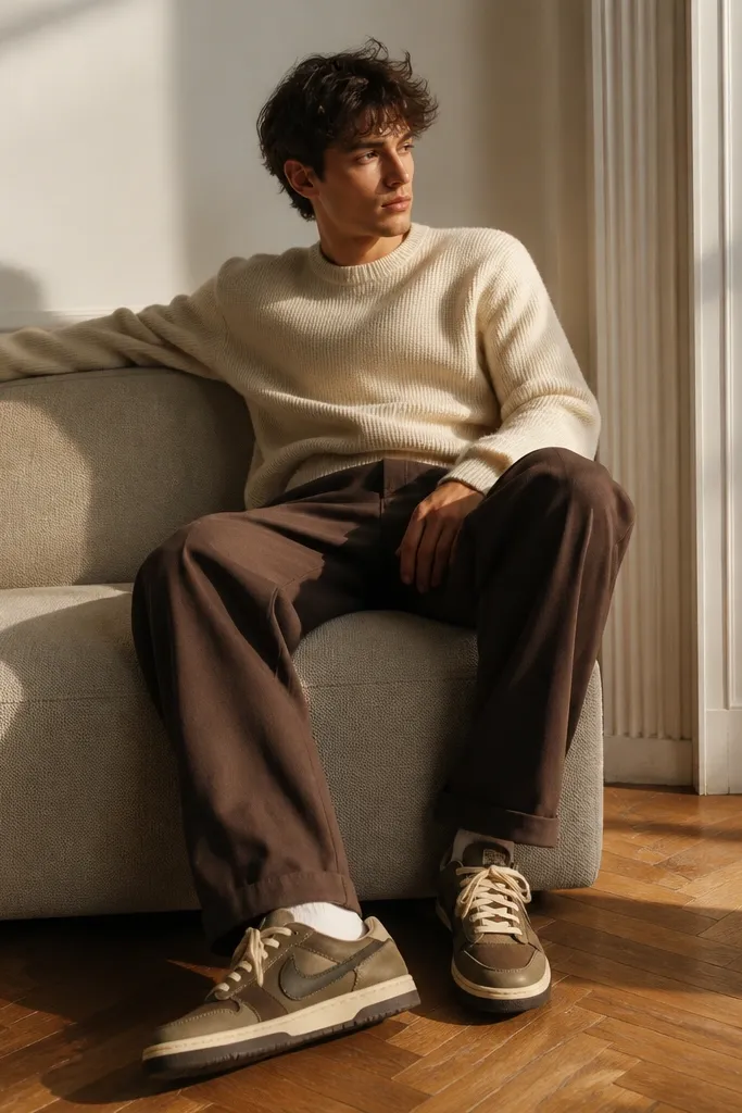 A cream knit sweater with a crew neck, dark brown pleated trousers, and travis scott shoes with warm color matching.