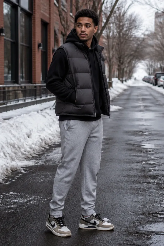 A charcoal puffer vest over a black hoodie, gray sweatpants with a tapered ankle, and travis scott shoes in a cold-weather street scene.
