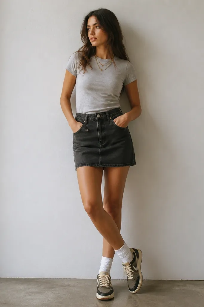 A light gray fitted tee tucked into a black denim skirt, a layered chain necklace, and travis scott shoes styled with a slight sock show.