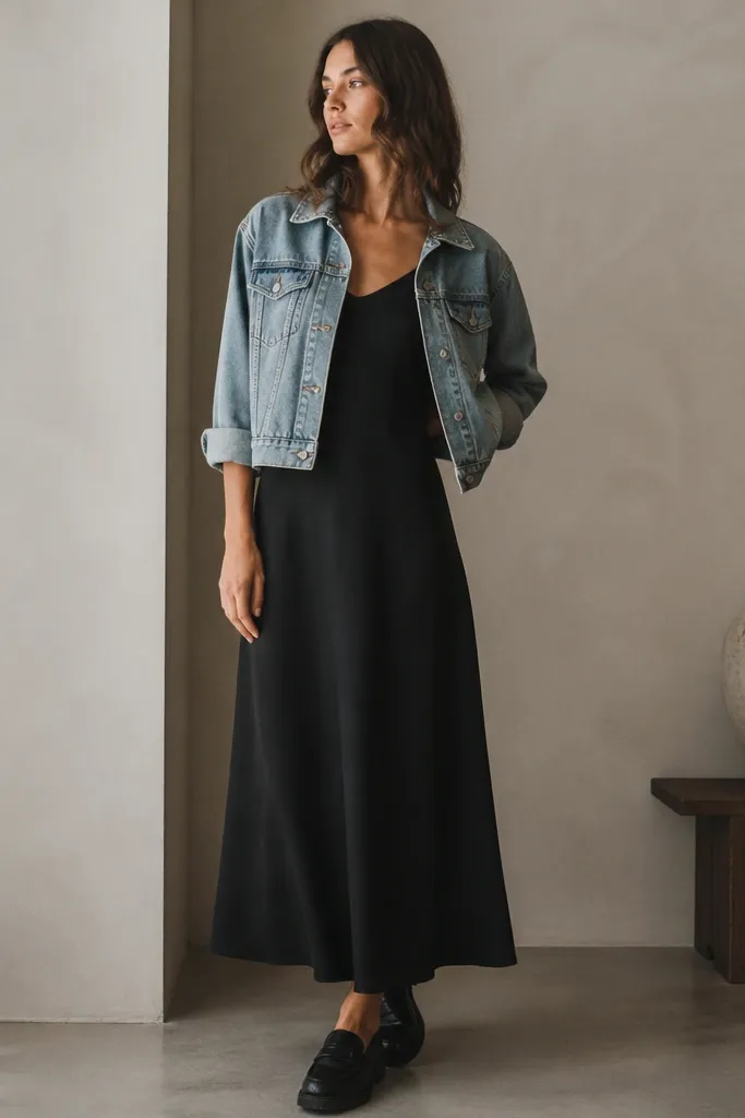 A black maxi dress paired with a cropped denim jacket worn open, showing the shoes and a little sock or bare ankle depending on styling.