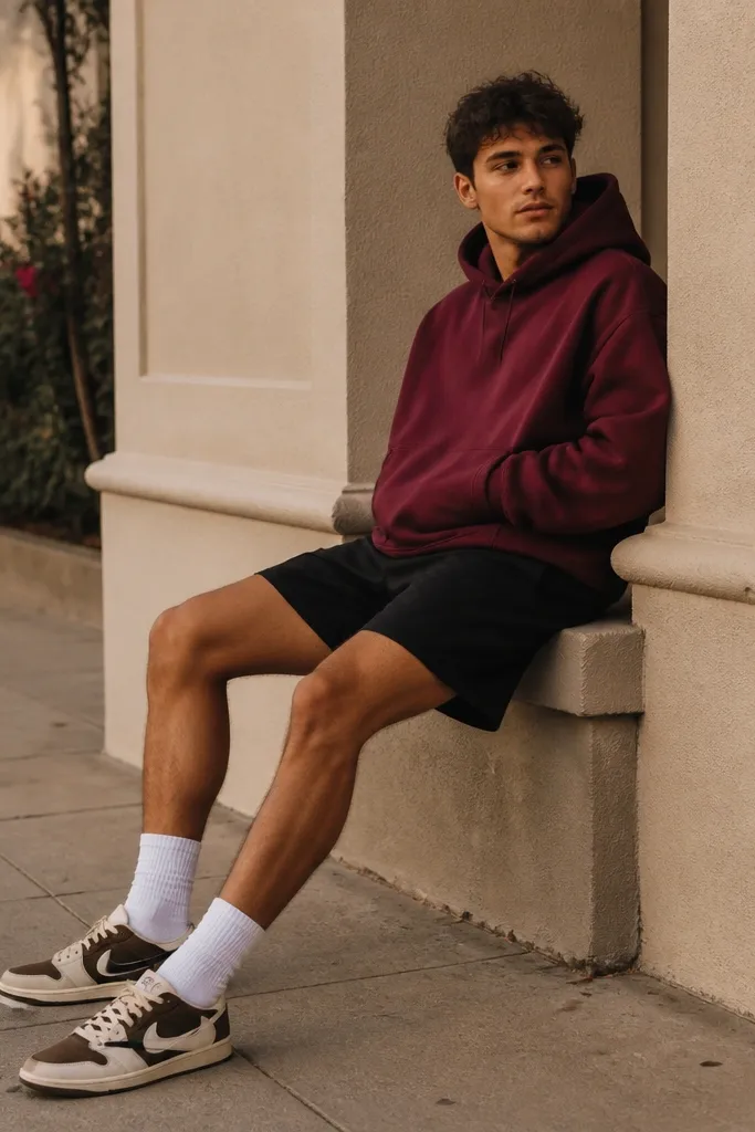 A maroon hoodie worn with black shorts, white crew socks, and travis scott shoes set on a sidewalk with warm tones.