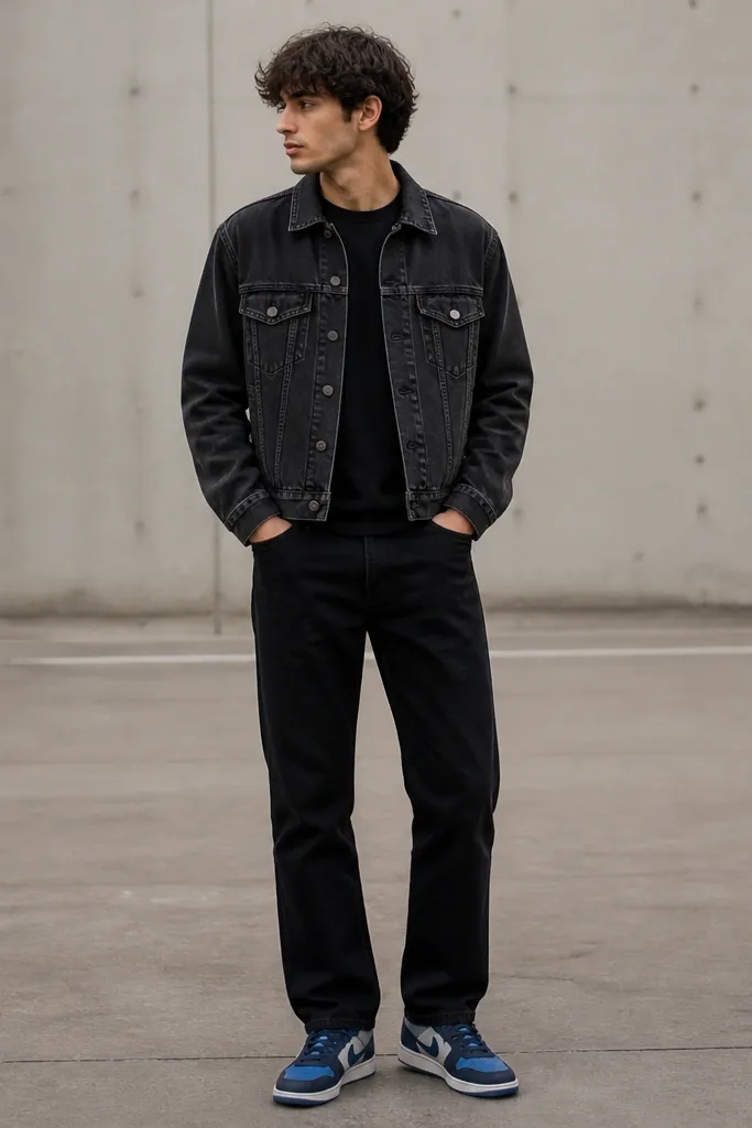 A model wears a charcoal-washed black denim jacket with a slightly cropped hem over a black crewneck tee, paired with straight-leg black jeans. Blue Travis Scott shoes sit under the hem with a visible storage detail near the heel. The scene is outdoors on concrete, and the outfit looks clean and monochrome except for the blue shoes.