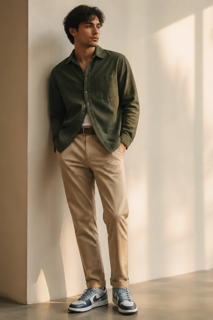 The outfit shows an olive green twill overshirt worn buttoned halfway, paired with tapered tan chinos. The model has a belt, and the blue Travis Scott shoes are visible with a subtle storage seam near the heel. The lighting is warm, and the pants taper clearly into the shoe.