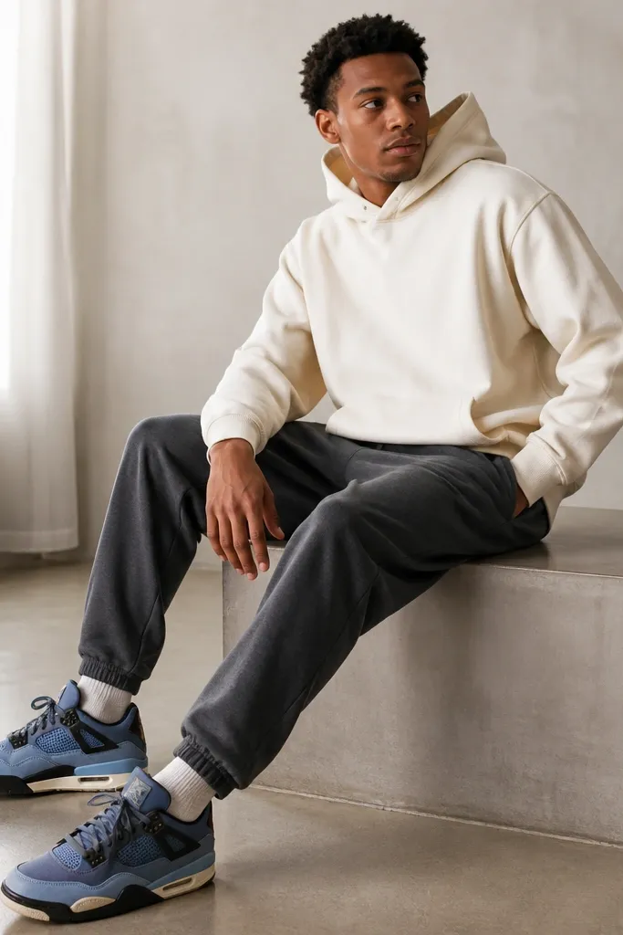 A model wears an off-white pullover hoodie with a clean kangaroo pocket and ribbed cuffs, paired with charcoal joggers that taper at the ankle. The blue Travis Scott shoes show a storage detail near the outer heel. The look is casual and centered on comfort.