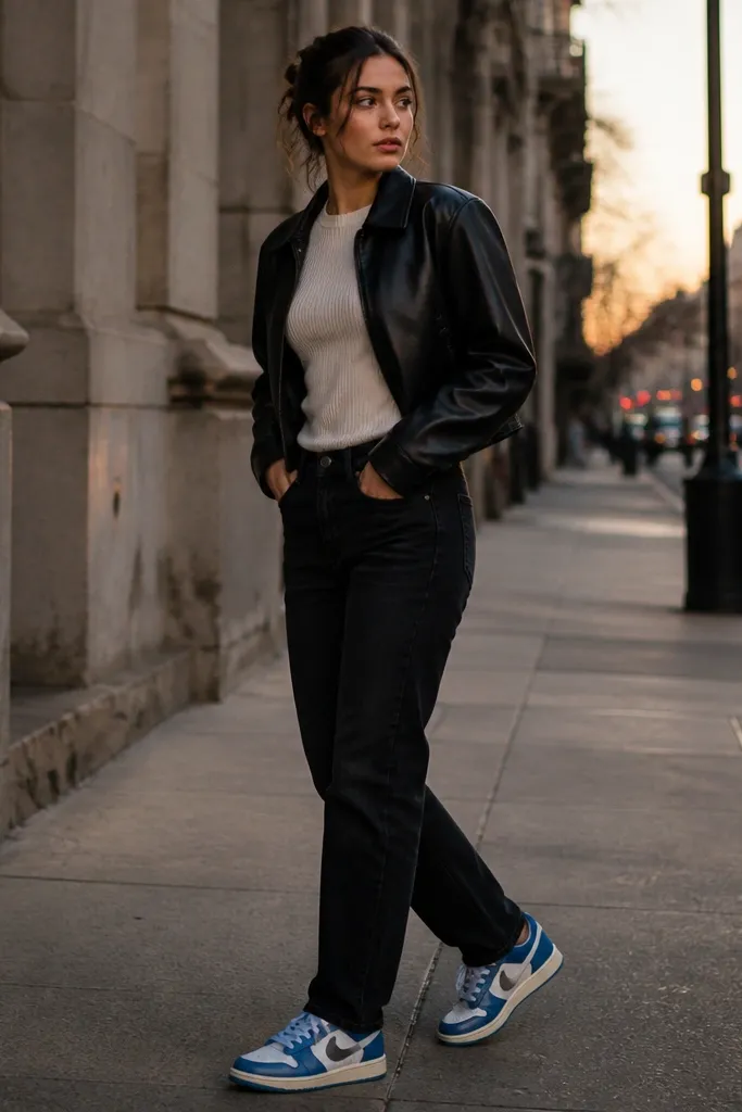 A model wears a black leather-look jacket with a slightly cropped cut over a cream ribbed knit tee. The pants are black straight jeans. The blue Travis Scott shoes are the standout, showing a storage seam near the heel. The background is a city sidewalk at dusk.