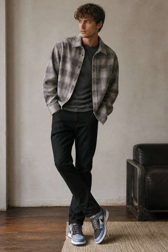 A model wears a grey plaid overshirt with a soft brushed flannel texture over a dark grey tee. The pants are black slim-straight jeans. The blue Travis Scott shoes are visible with a storage seam near the outer heel. The lighting is indoor with soft shadows.