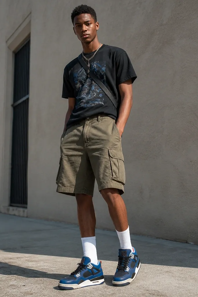 The model wears a black graphic tee tucked slightly into olive cargo shorts. The blue Travis Scott shoes are visible with storage detail near the heel. A small crossbody strap runs across the chest. The outfit is outdoors in daylight.