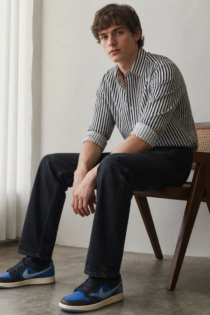 A model wears a black-and-white striped long-sleeve shirt with sleeves rolled to the forearm, paired with dark straight jeans. The blue Travis Scott shoes show storage detail near the outer heel. The stripes are crisp and the fit looks tailored.