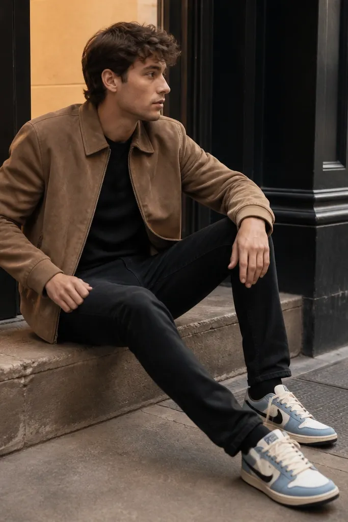 A model wears a tan suede jacket with a short collar over a black crew tee and black jeans. The blue Travis Scott shoes are visible with a storage seam near the heel. The photo is taken near storefront lighting, showing the suede texture.