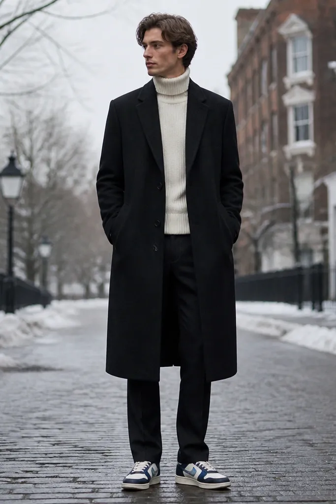 A model wears a long black overcoat with a straight hem over a cream turtleneck sweater and slim dark trousers. The blue Travis Scott shoes peek out at the bottom, showing storage detail near the heel. The background is a winter street with grey sky.