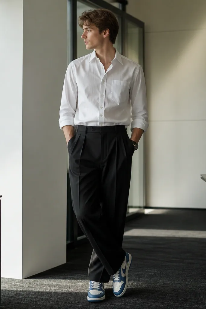 A model wears a crisp white button-down shirt with sleeves rolled and a black pleated trouser. The blue Travis Scott shoes are visible under the pleats with storage detail near the heel. The outfit looks like a smart-casual office day.