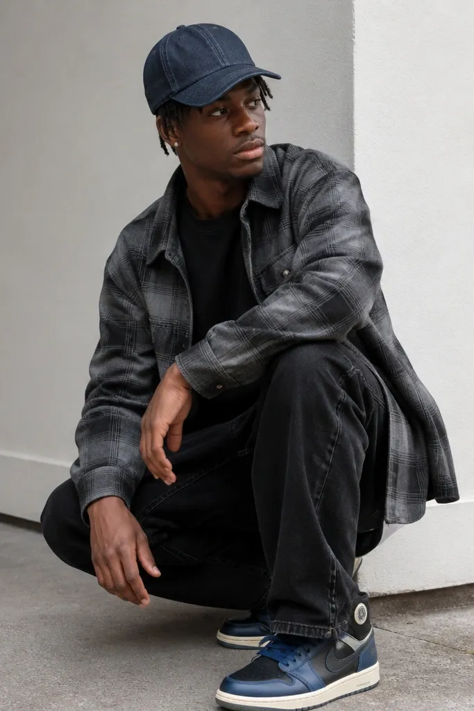 A model wears a checkered overshirt in muted grey and black over a plain black tee. A dark denim cap sits on their head. The blue Travis Scott shoes show storage detail at the heel. The outfit looks streetwear-ready with layered textures.