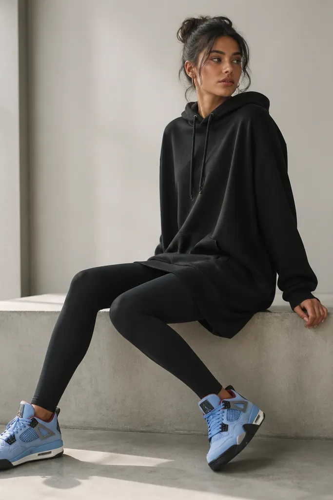 A model wears a black hoodie dress that falls to mid-thigh, layered over black leggings. The blue Travis Scott shoes are prominent and show storage detail near the heel. The outfit is styled for a casual day with a clean, modern silhouette.