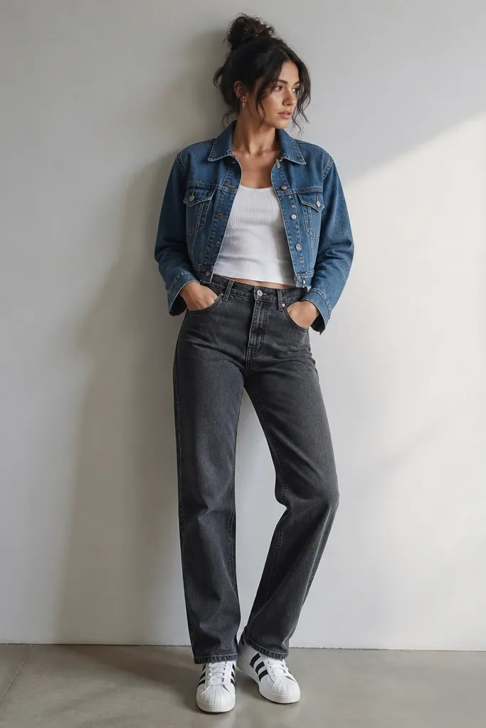 A person wearing white adidas Superstars with a white ribbed tank, charcoal straight-leg jeans, and a cropped blue denim jacket. The jacket ends above the waist, and the jeans break cleanly at the top of the shoe.
