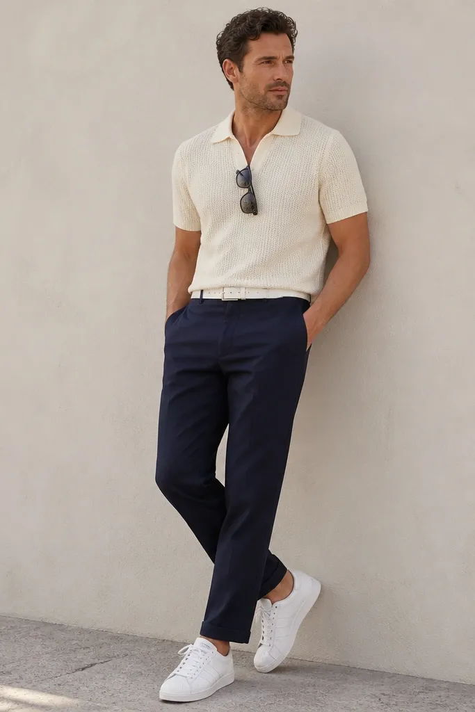 White adidas Superstars paired with a cream knit polo shirt, navy chinos with a slight taper, and a white leather belt. A pair of dark sunglasses sits at the collar line in the photo.