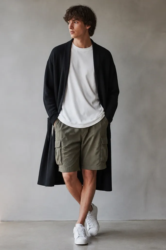White adidas Superstars with olive utility shorts, a white oversized t-shirt, and a long black cardigan worn open. The shorts have cargo pockets and the tee drapes over the waistband.