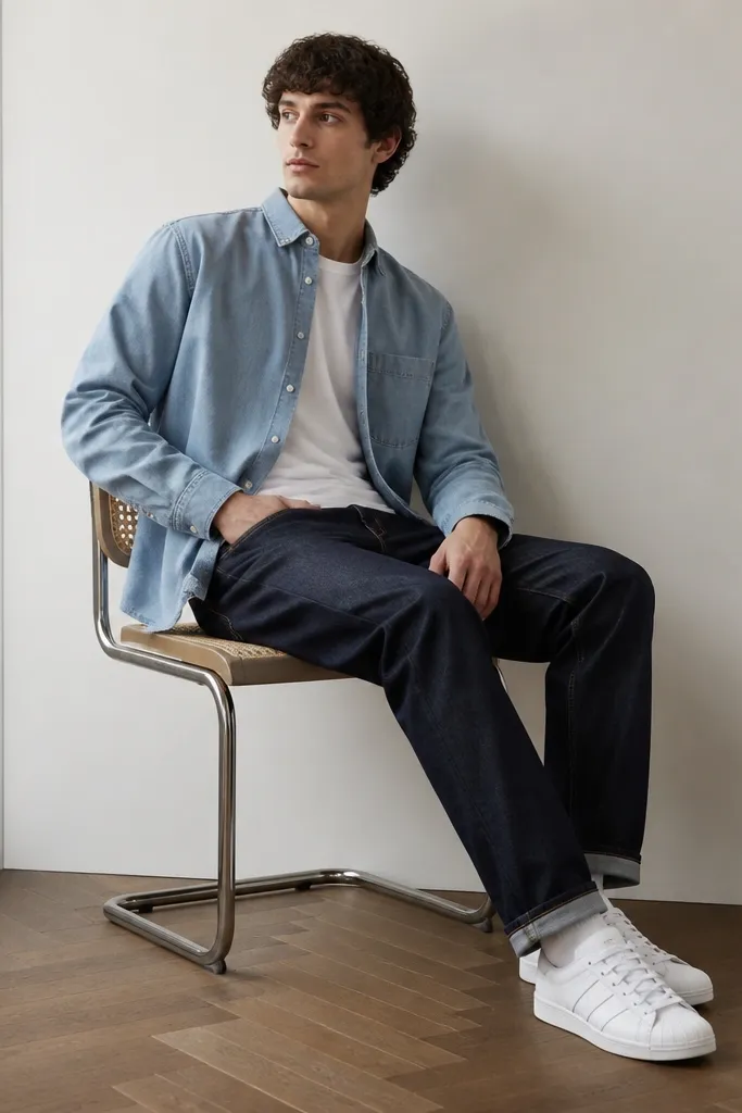 White adidas Superstars with a light blue chambray button-down worn partially open over a white tee. Dark straight jeans sit flat, with a slight cuff at the ankle.