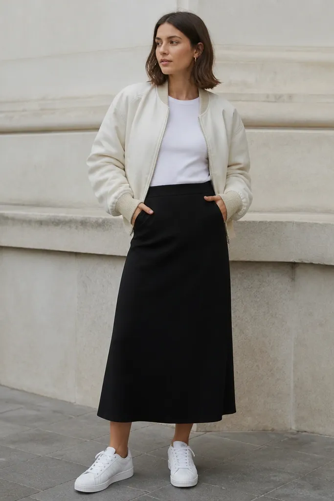 White adidas Superstars with a black midi skirt that hits mid-calf, a white fitted t-shirt, and a short bomber jacket in off-white with a ribbed hem. The bomber is zipped halfway.