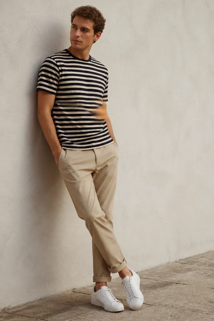 White adidas Superstars with sand beige chinos and a black-and-cream striped t-shirt. The chinos have rolled cuffs that sit above the shoe line.