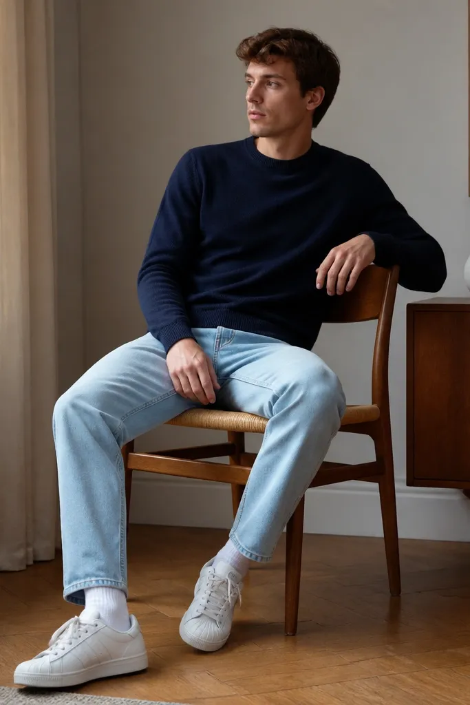 White adidas Superstars with a navy crewneck sweater, light-wash jeans, and visible white socks at the ankle. The sweater sits cleanly over the waistband.
