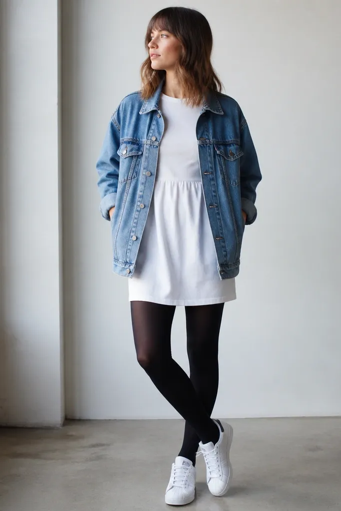White adidas Superstars with a white tee dress that has a defined waist seam, black tights, and a blue denim jacket worn open. The dress falls to mid-thigh.