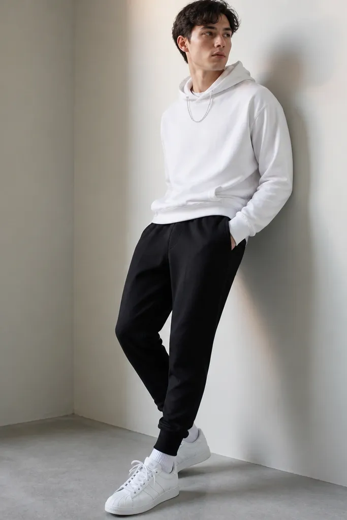 White adidas Superstars with matte black track pants, a white hoodie, and a silver chain necklace. The hoodie is slightly bunched at the waist, and the pants taper to the ankle.