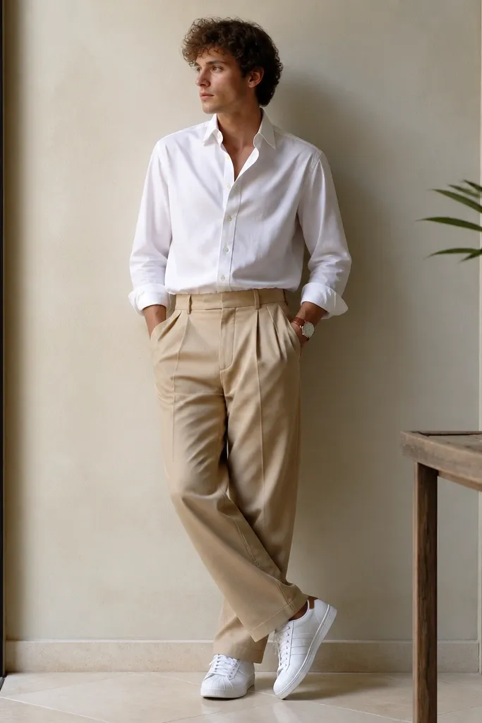 White adidas Superstars paired with a crisp white button-up, khaki pleated trousers, and a brown leather watch. The trousers have visible pleats and a slightly wide leg.