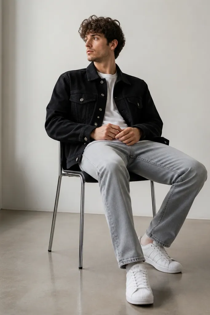 White adidas Superstars with a black denim jacket worn over a white tee and light grey straight jeans. The jacket is buttoned halfway and the jeans have a clean break.
