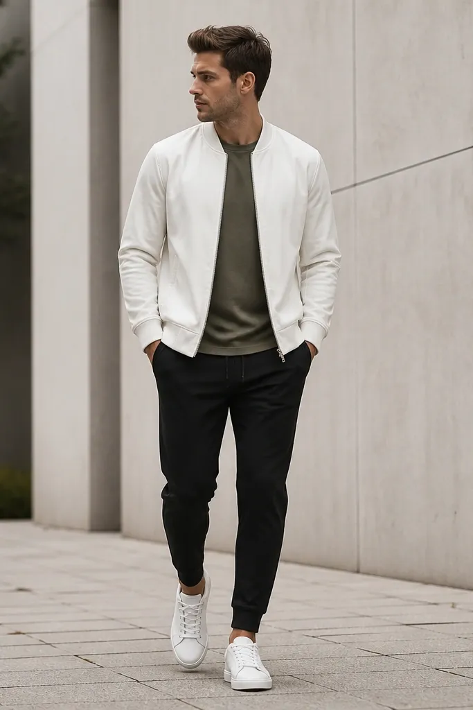 White adidas Superstars with a matte white bomber jacket, an olive long-sleeve tee, and black joggers. The bomber is zipped and the joggers are tapered with a clean ankle opening.