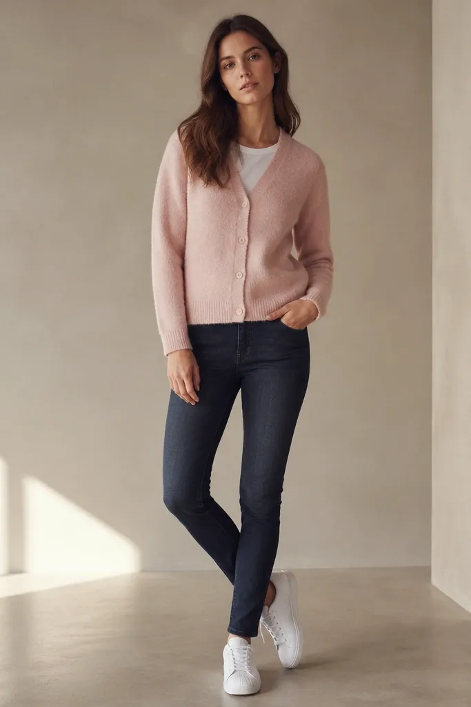White adidas Superstars with a soft pink cardigan over a white tee and dark wash skinny jeans. The cardigan is buttoned and the jeans taper to the shoe.