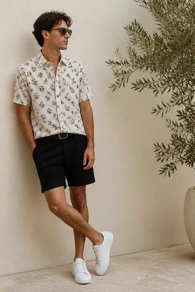 White adidas Superstars with a white short-sleeve button shirt patterned with small dark floral print. It's worn untucked over black shorts with a black belt.