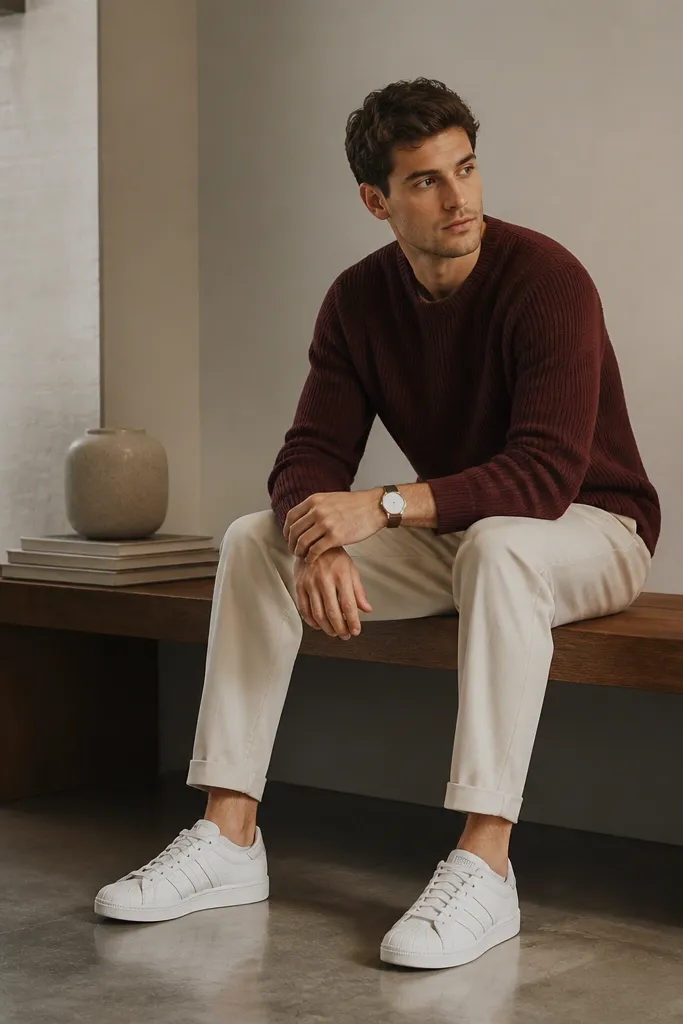 White adidas Superstars paired with a burgundy knit sweater, cream trousers with a cuff at the ankle, and a simple watch. The trousers show a clean cuff line above the shoe.