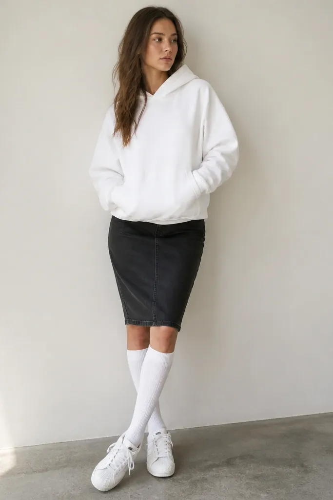 White adidas Superstars with a white hoodie, a black denim skirt that hits around the knee, and white knee-high socks. The hoodie is untucked and the skirt is fitted.