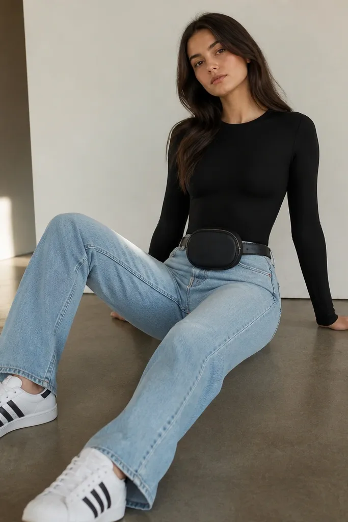 White adidas Superstars with a black long-sleeve bodysuit tucked in, light blue straight jeans, and a small belt bag worn at the waist. The bodysuit has a smooth neckline and no visible gaps.