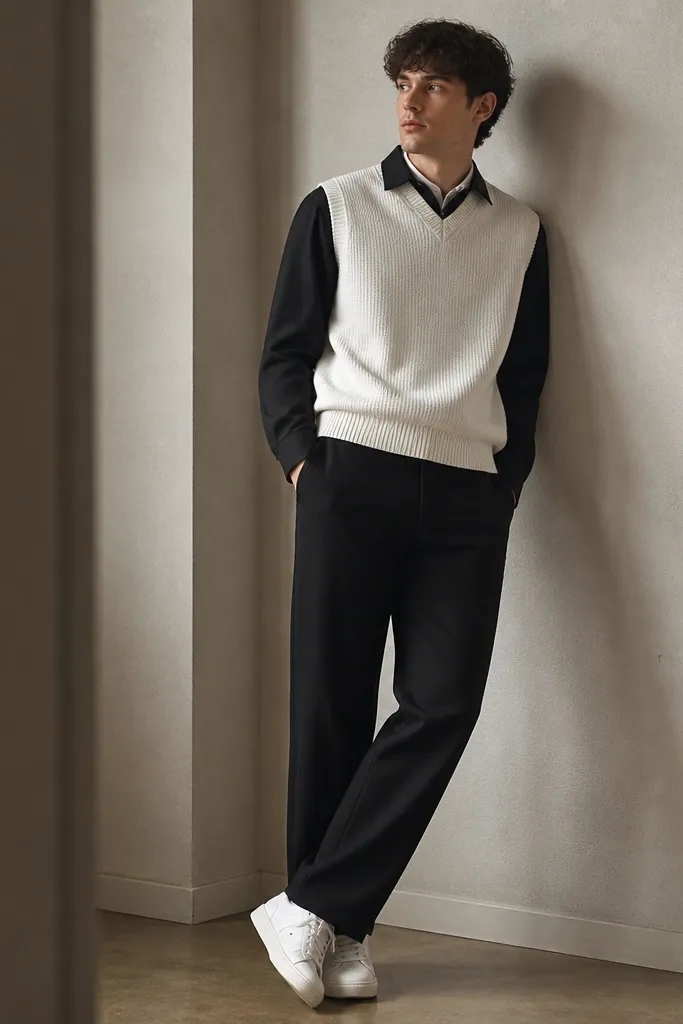 White adidas Superstars with a white sweater vest worn over a black top shirt, showing a small white collar peeking at the neck. Black trousers are tailored with a straight leg.